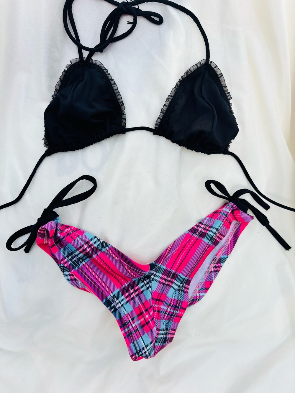 Black Ruffle Triangle Bikini Top with Pink Plaid Tie-Side Bottom